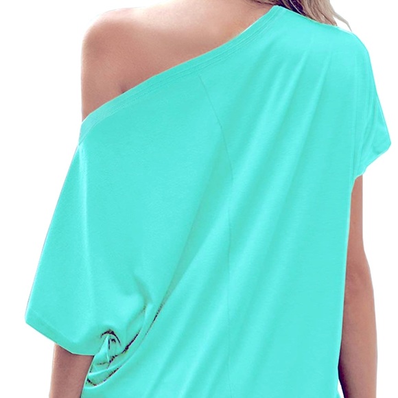 LEIYEE Womens Aqua Blue Off Shoulder Short Sleeve Top With Front Twist Knot - Picture 2 of 6
